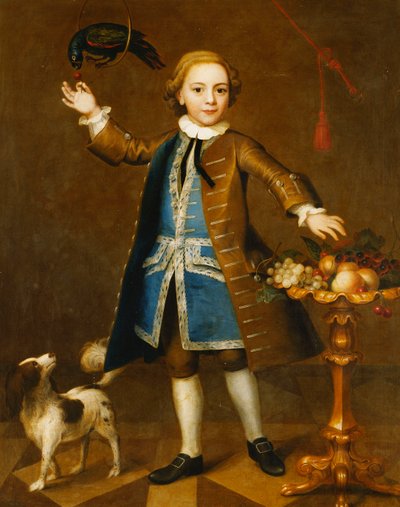 Portrett av en gutt, full lengde, i en brun frakk, blå vest med sølvflette, holder et kirsebær til en papegøye, en spaniel ved siden av seg, med frukt på stativ, 1741 av John Theodore Heins
