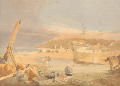 Strandscene med seilskip ved kaien av John Thirtle