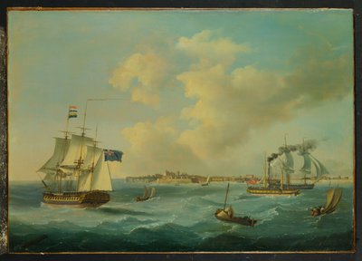 En fregatt med 44 kanoner, en passasjer-dampbåt og annen frakt utenfor St.Peter Port, Guernsey, 1825 av John Thomas Serres