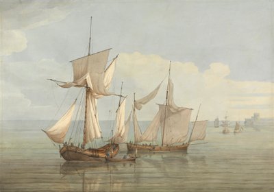 En Hoy and a Lugger med annen frakt på et stille hav av John Thomas Serres