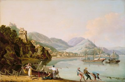 En italiensk havn med en genovesisk Chebec ved anker av John Thomas Serres