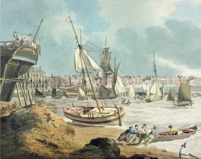 Havn i Weymouth, Dorset, 1805 (penn, blekk og akvarell på papir) av John Thomas Serres