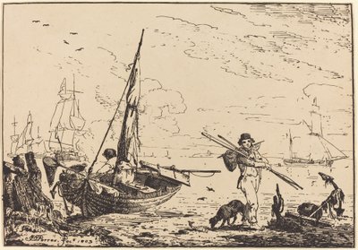 Marine: Fiskebåter på land, mann med årer, skip på avstand av John Thomas Serres