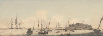 Utsikt over Castle Cornet, Guernsey, Kanaløyene, med frakt av John Thomas Serres