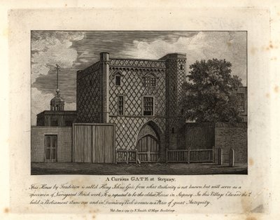 En nysgjerrig port i variert murverk kalt St John Gate, det eldste huset i Stepney av John Thomas Smith