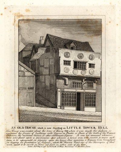 Et gammelt Tudor-hus som står på Little Tower Hill, London av John Thomas Smith