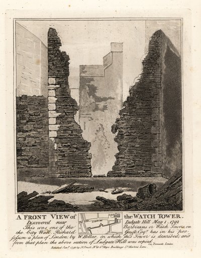 Forfra av Watch Tower eller Barbican i bymuren oppdaget nær Ludgate Hill, 1. mai 1792 av John Thomas Smith