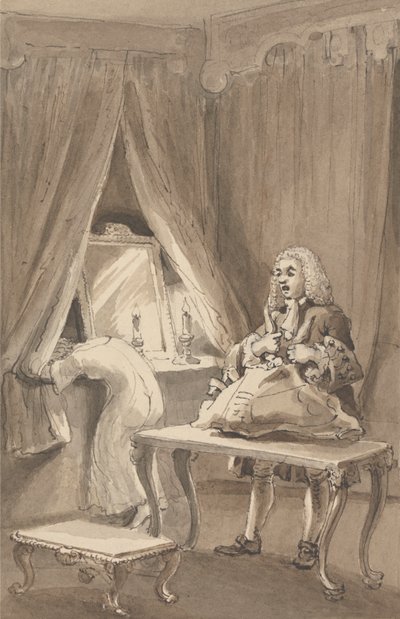 Hogarth, etter at hans kone hadde tatt på seg en ny nattskjorte, binder opp tingene hennes for å sende til Sir James Thornhill med et brev der han fortalte ham: 'Han tok datteren sin uten en kittel til hennes A--e av John Thomas Smith