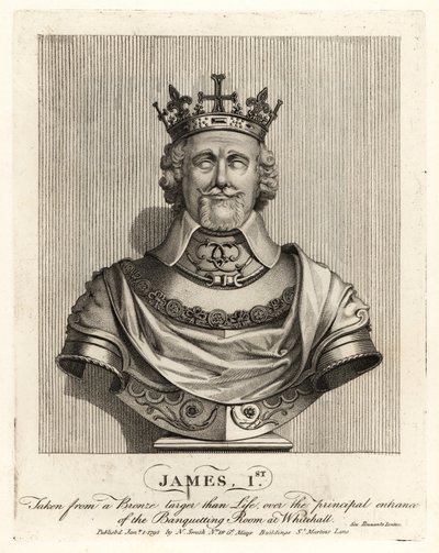 Kong James I av England tatt fra en bronsebyste over inngangen til bankettrommet i Whitehall av John Thomas Smith