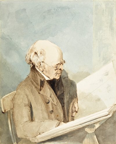 Mr Taylor, Haymans elev, i Print Room of the British Museum, ca. 1820 (wc, penn og blekk på papir) av John Thomas Smith