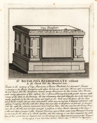 Muslimsk gravmonument i alterstil til Coya Shawsware, eller Khwaja Shahsuwar (1582-1626), en kjøpmann og sekretær for Nogdi ber den persiske ambassadøren, tidligere i St. Botolphs, Bishopsgate av John Thomas Smith