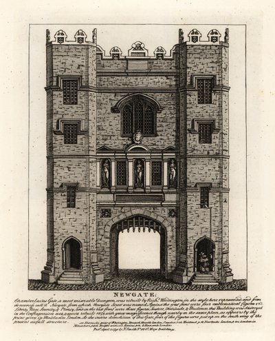 Newgate, gjenoppbygd i 1672 etter brannen i London, med tre figurer Justice, Fortitude and Prudence fra den tidligere porten bygget av Londons borgermester Richard Wittington av John Thomas Smith