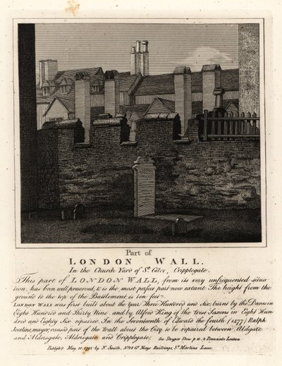 En del av den gamle London-muren i kirkegården til St Giles, Cripplegate, London av John Thomas Smith