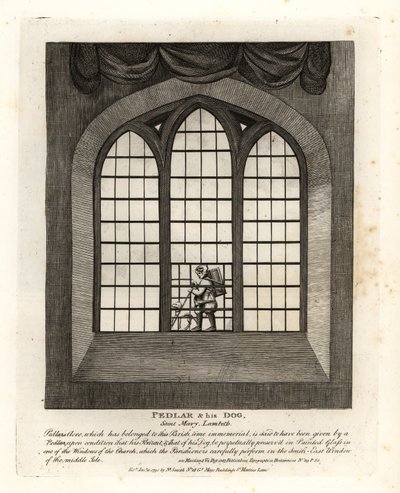 Pedlar og hunden hans i glassmaleriet til kirken ved Saint Mary-at-Lambeth av John Thomas Smith