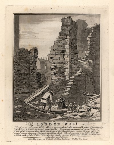 Ruinene av den romerske London-muren avslørt ved brannen i mai 1792 på Ludgate Hill av John Thomas Smith