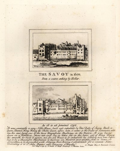 Savoy Hospital i 1650 fra et trykk av Wenceslaus Hollar og i ruiner i 1792 av John Thomas Smith