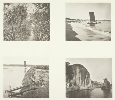 A Country Road nær Taiwanfu, A Catamaran, Chain Pumps, Rock Inscriptions, Amoy, ca. 1868. av John Thomson