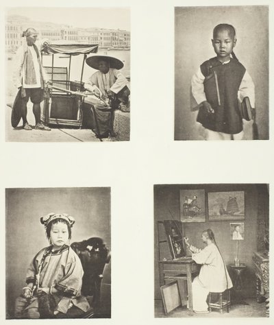 En Hong-Kong Sedan-stol, en kinesisk skolegutt, en kinesisk jente, en Hong-Kong-kunstner, ca. 1868. av John Thomson