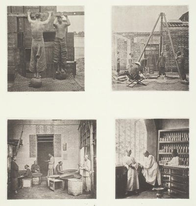 Rullende duftende kapers og krutt-te, veiing av te for eksport, et tehus..., ca. 1868. av John Thomson