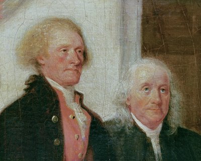 Utarbeidelse av uavhengighetserklæringen, 28. juni 1776, detalj av Thomas Jefferson (1743-1826) og Benjamin Franklin (1706-90) ca. 1817 (detalj av 702745) av John Trumbull