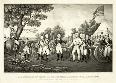 Overgivelse av general Burgoyne i Saratoga, N.Y., 17. oktober 1777, pub. N. Currier av John Trumbull
