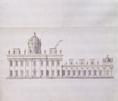Castle Howard, Yorkshire: En skjematisk blyantskisse som viser utviklingen av Forecourt Wings, ca. 1699 (penn og brunt blekk og grå vask) av John Vanbrugh