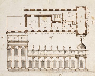 Castle Howard, Yorkshire: An Early Design for the three Bays of the Elevation of the South eller Garden Front og ni bukter enetasjes nedre sidevinger med en Inset of the Ground Plan, ca. 1699 (penn av John Vanbrugh