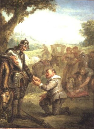 Don Quijote etter duellen med den modige biscayaneren lener seg på hesten sin Rosinante, mens Sancho Panchez ber om guvernørskapet på øya Barataria, scene fra Cervantes 
