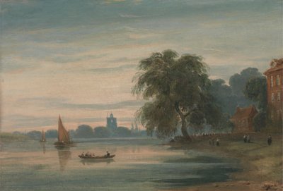 Utsikt langs Themsen mot Chelsea Old Church av John Varley