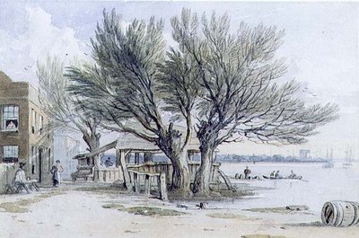 Bygninger og pollardede trær på bredden av Themsen, Millbank (akvarell, blyant, penn og blekk) av John Varley