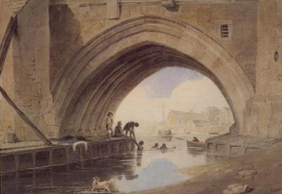Barn svømmer under Ouse Bridge i York av John Varley