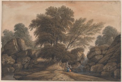 Figurer ved et fossefall og en dam i et skogkledd landskap av John Varley