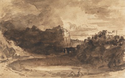 Romantisk landskap med klipper og et slott av John Varley