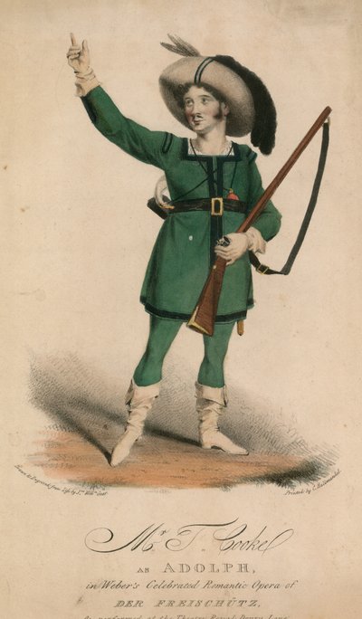 Mr T Cooke som Adolph i Webers berømte romantiske opera av Der Freischutz fremført på Theatre Royal Drury Lane av John W. Gear