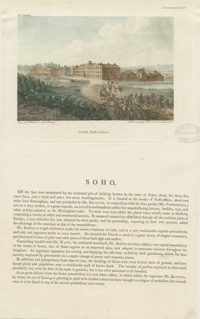 Soho Manufactory: farget gravering, nd [c 1798] av John Walker