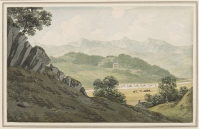 Llanelltyd Bridge over Maw, på veien mellom Barmouth og Dolgellau, ser til Hengwrt og videre til Cader Idris, Merionethshire, 16. juli 1790 (wc på papir) av John Warwick Smith