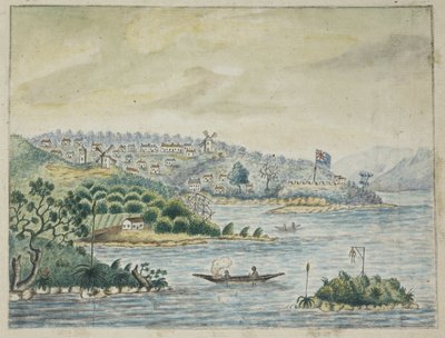 Legge til. 13880, f.79 Utsikt over en britisk koloni. I forgrunnen, innfødte i en kano, fra en Journal holdt om bord på Minerva-transporten, fra Irland til New South Wales og Bengal, av John Washington Price av John Washington Price