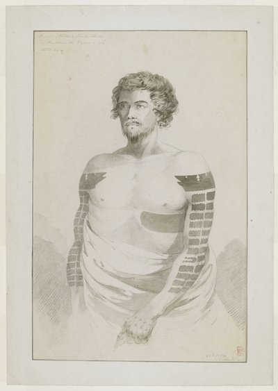 (Hele tegningen) Portrett av en sjef i Borabora, [Puni?]; en skjeggete mann med armer tungt tatovert med flate rektangulære flekker, og en stor lapp på venstre side. desember 1777 av John Webber