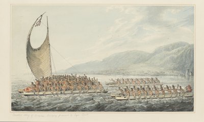 35: Tereoboo, King of Owyhee, bringer gaver til Captain Cook, fra en serie akvareller som illustrerer Captain Cooks siste reise, ca. 1773-84 (akvarell på papir) av John Webber