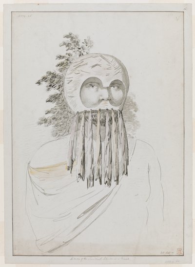 En mann fra Sandwichøyene i en maske. En mann fra Sandwichøyene i en maske som består av en skålhodeplagg med utskjæringer for øynene. av John Webber