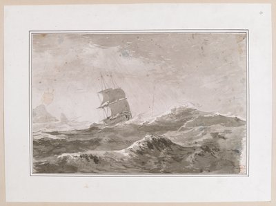 Tegning av et europeisk fartøy under seil i sterk sjø; sannsynligvis ikke et av Cooks skip. Laget under Captain Cooks tredje reise. av John Webber
