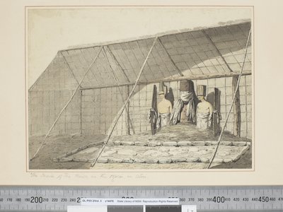 F.18 Innsiden av huset, i Morai, i Atooi, ca. 1773-84 (akvarell) av John Webber