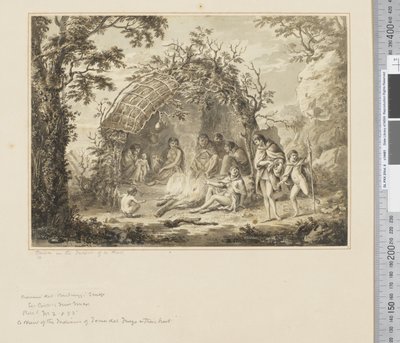 F.43 Innfødte i det indre av en hytte, ca. 1783-84 (akvarell) av John Webber