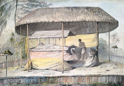 Begravelse med avdøde under baldakin, Tahiti, Society Islands, akvarell av John Webber (1750-1793) fra beskrivelse av kaptein James Cooks siste reise (1776-1779), Polynesia av John Webber