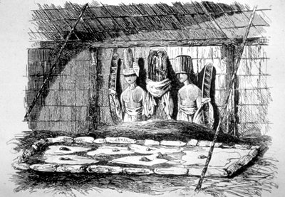 Innsiden av en begravelseshytte, Tahiti, 1700-tallet av John Webber
