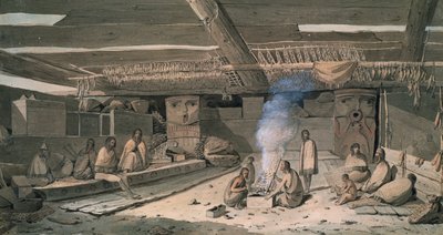 Interiør i Nootka indianerhus, av John Webber, tegning av John Webber