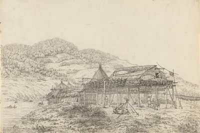 The Balagans eller Summer Habitations, med metoden for tørking av fisk, ved St. Peter og Paul, Kamtschatka av John Webber