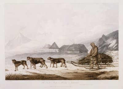 The Narta, eller Sledge for Burdens i Kamtschatka, fra "Views in the South Seas", pub. 1789 av John Webber