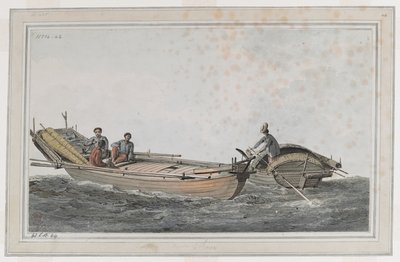 To små båter, med tre figurer i den ene, to i den andre. av John Webber