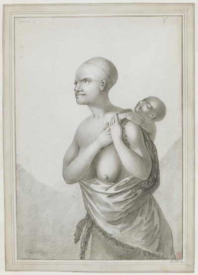 [Hele tegningen] En tasmansk kvinne som bærer et barn på ryggen, med en hud slengt fra venstre skulder rundt midjen. januar 1777 av John Webber